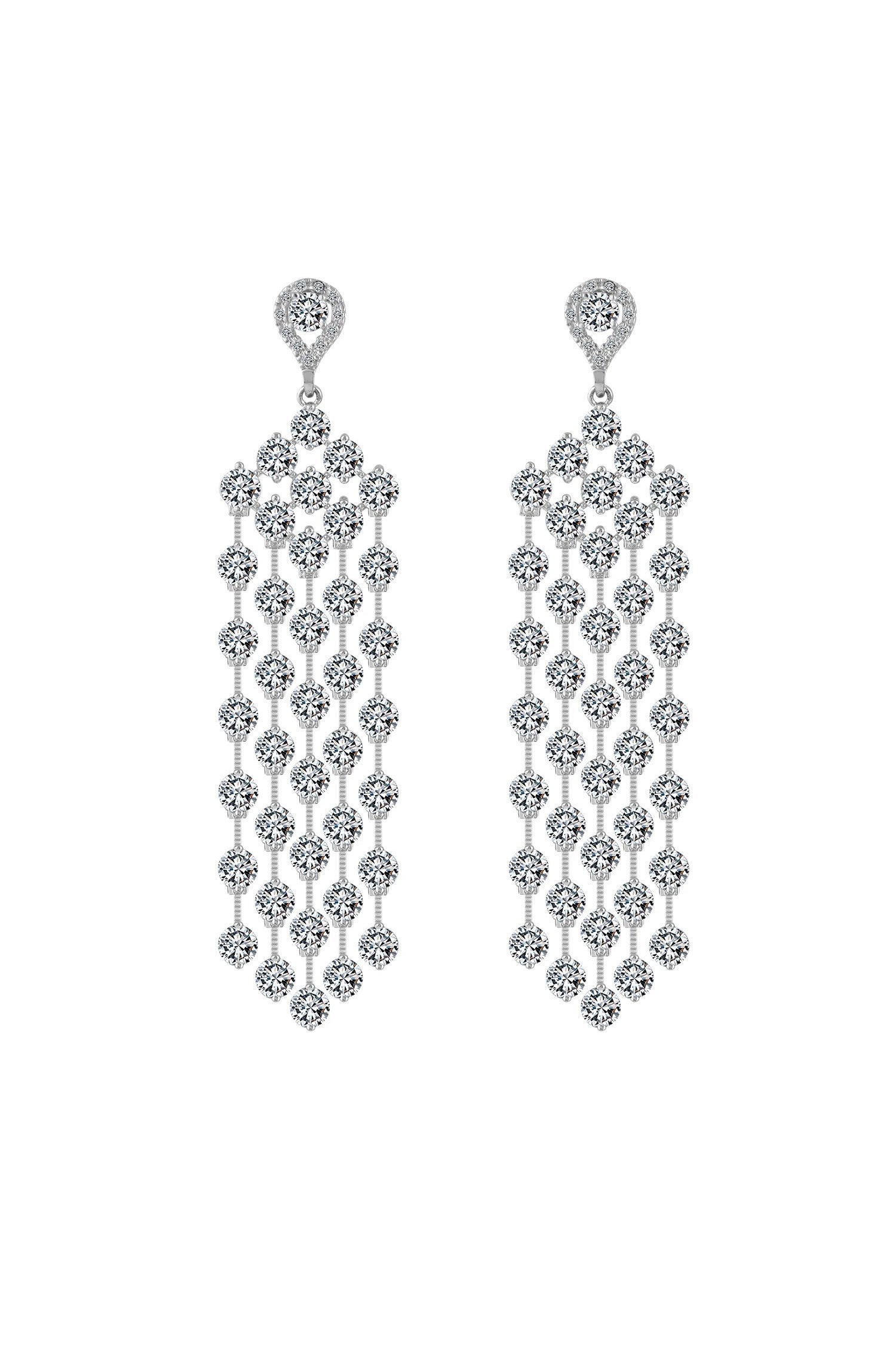 A pair of elegant, sterling silver NIAGARA EARRINGS from LUCKY13 featuring a cascade of sparkling, round cubic zirconia stones. The hypoallergenic, dangling design is composed of multiple linked small circles, creating a luxurious and shimmering effect.