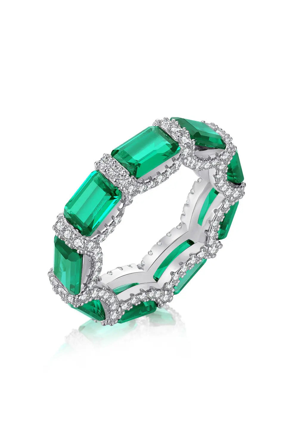 eternity ring, handcrafted in 925 sterling silver set with sparkling green cubic zirconia stones on a white background