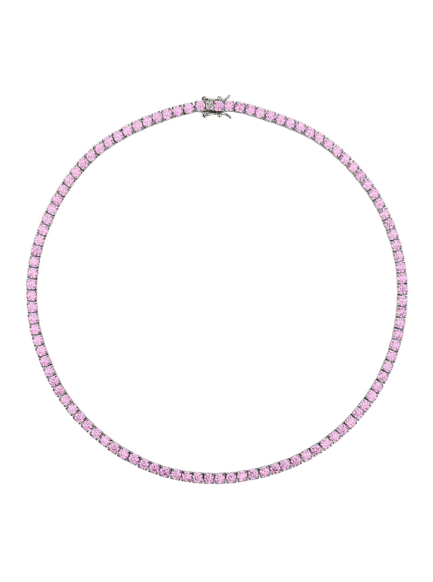 Classic tennis riviera necklace with pink cubic zirconias in rhodium plating.