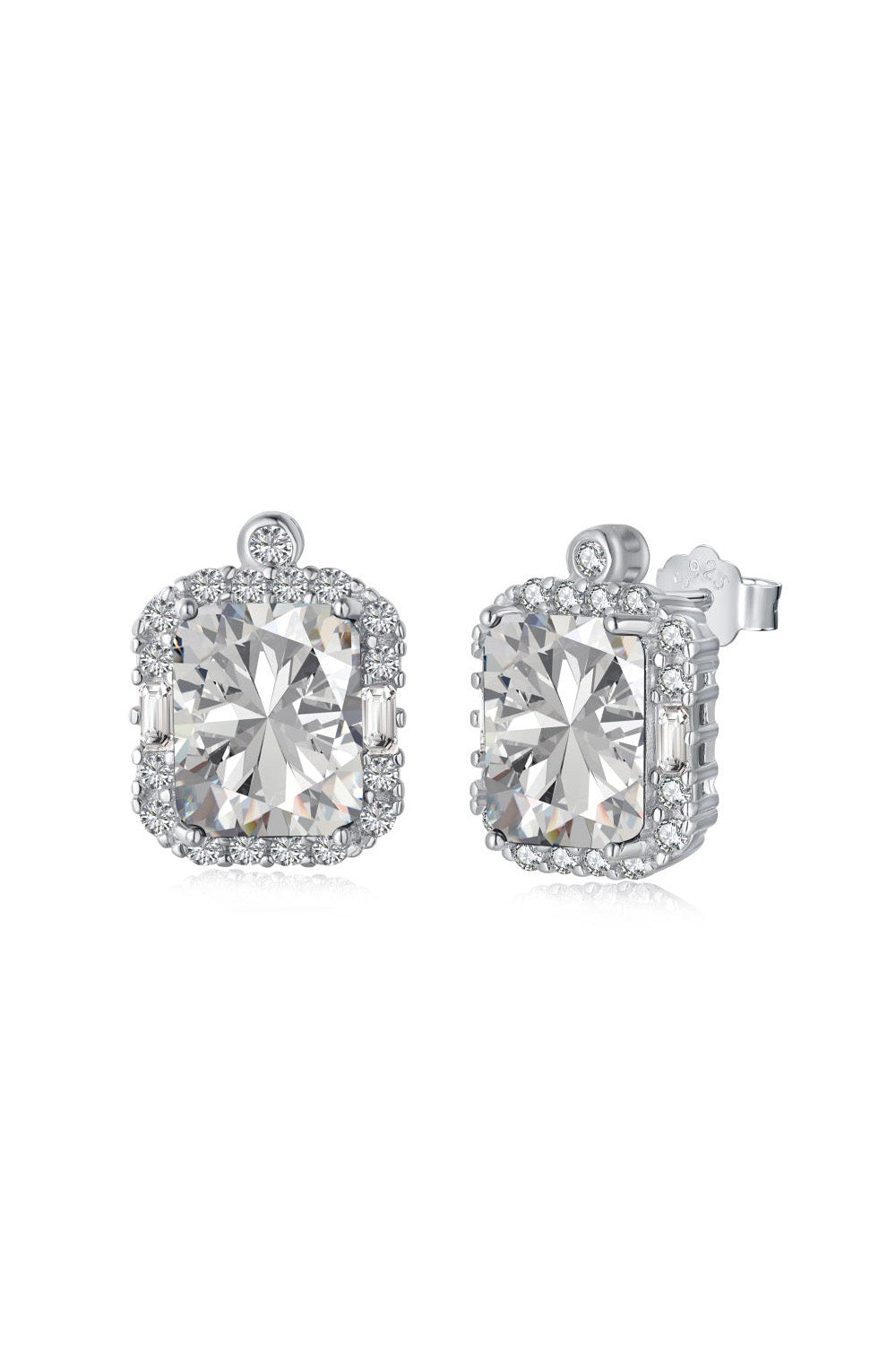 A pair of elegant VINTAGE DIAMOND STUDS by LUCKY13 featuring large, radiant-cut center stones set in 925 Sterling Silver settings with smaller surrounding diamonds. The hand-finished earrings have a subtle, decorative loop at the top and a secure stud backing.