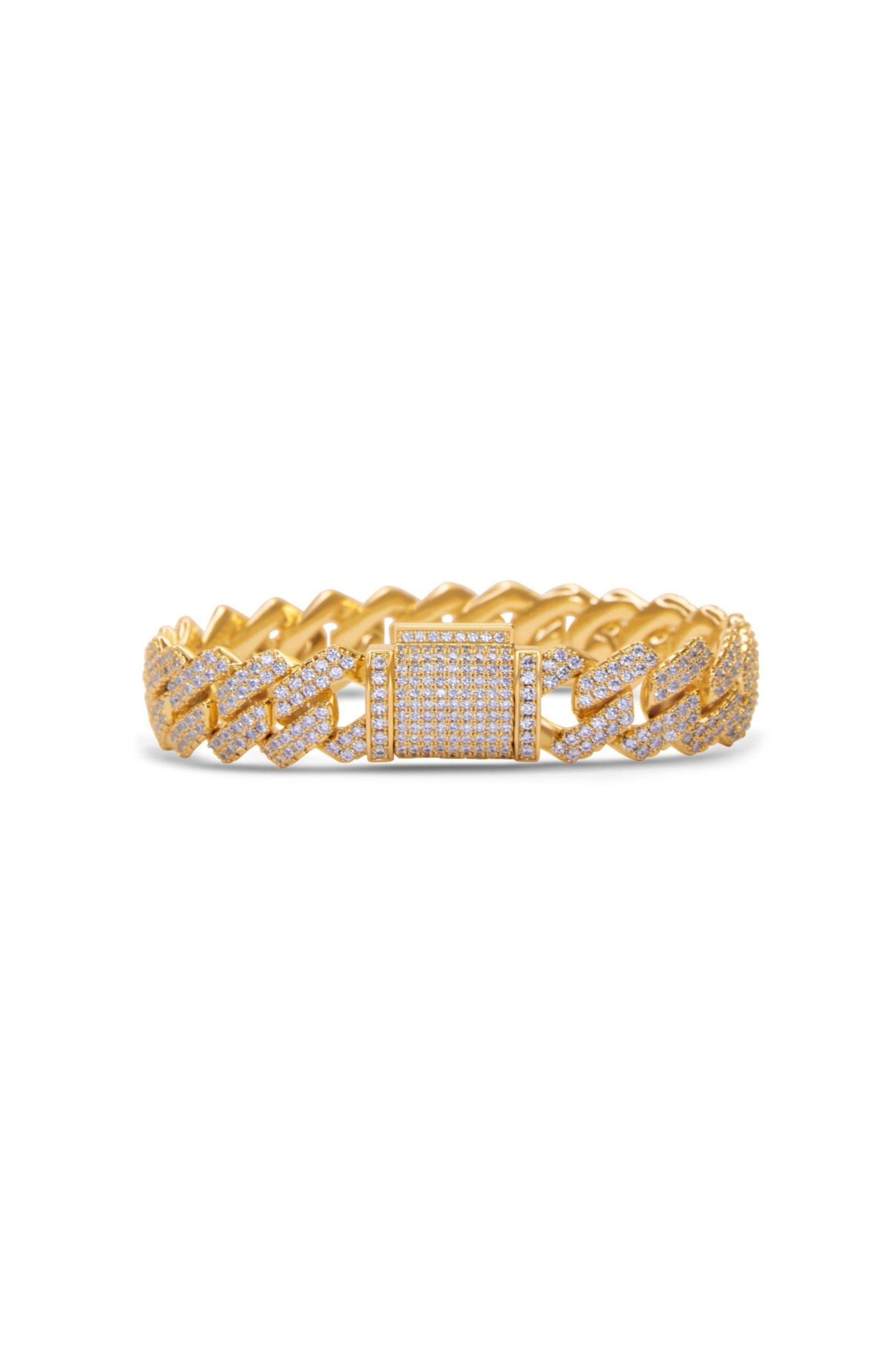 Classic gold Cuban Link bracelet in 18k yellow gold plating fully paved with cubic zirconias. Handcrafted by Lucky 13 jewelry.