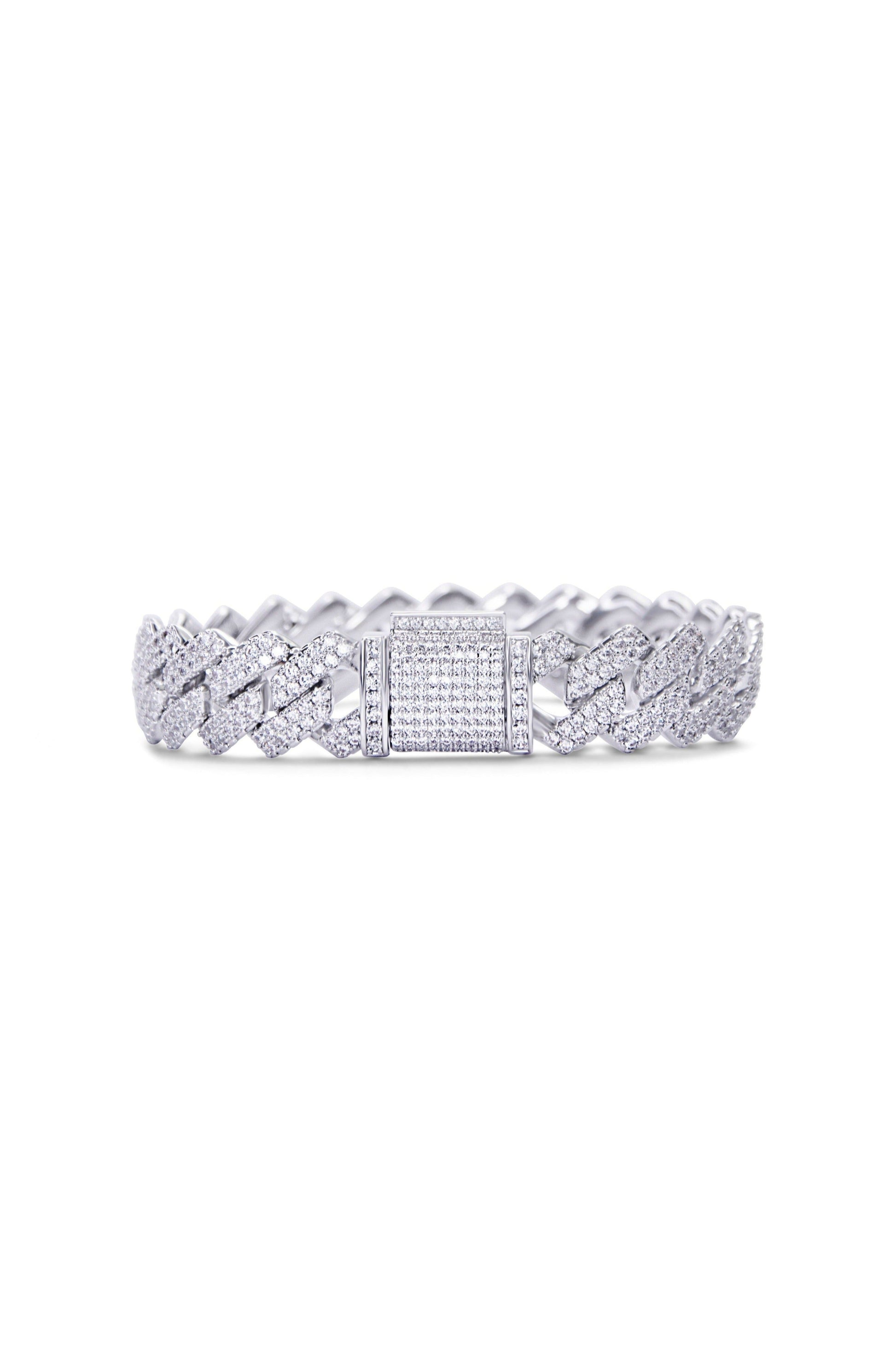 Classic Cuban Link bracelet in rhodium plating plating fully paved with cubic zirconias. Handcrafted by Lucky 13 jewelry.