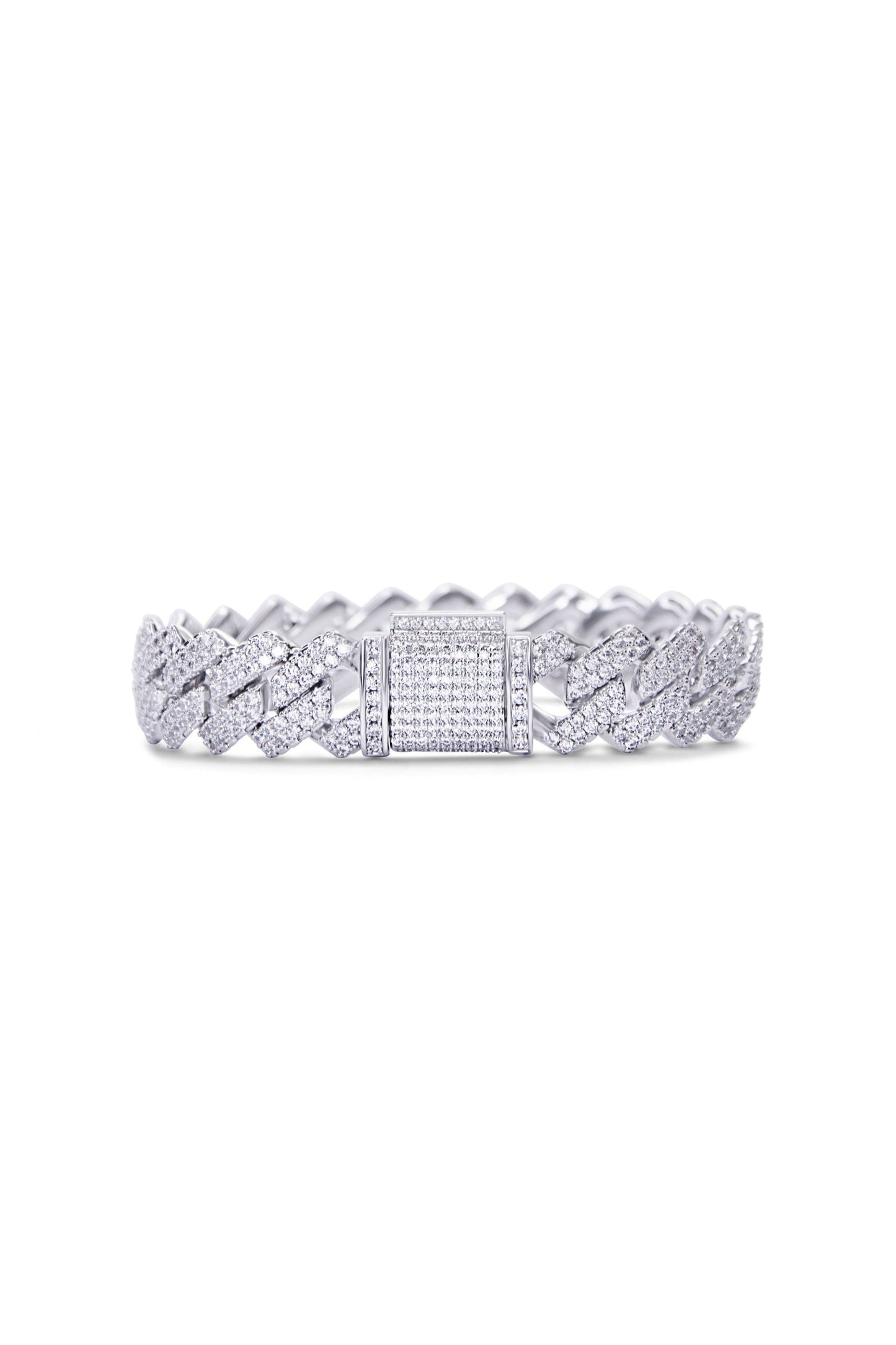 Silver Cuban Link bracelet in rhodium plating plating fully paved with cubic zirconias. Handcrafted by Lucky 13 jewelry.