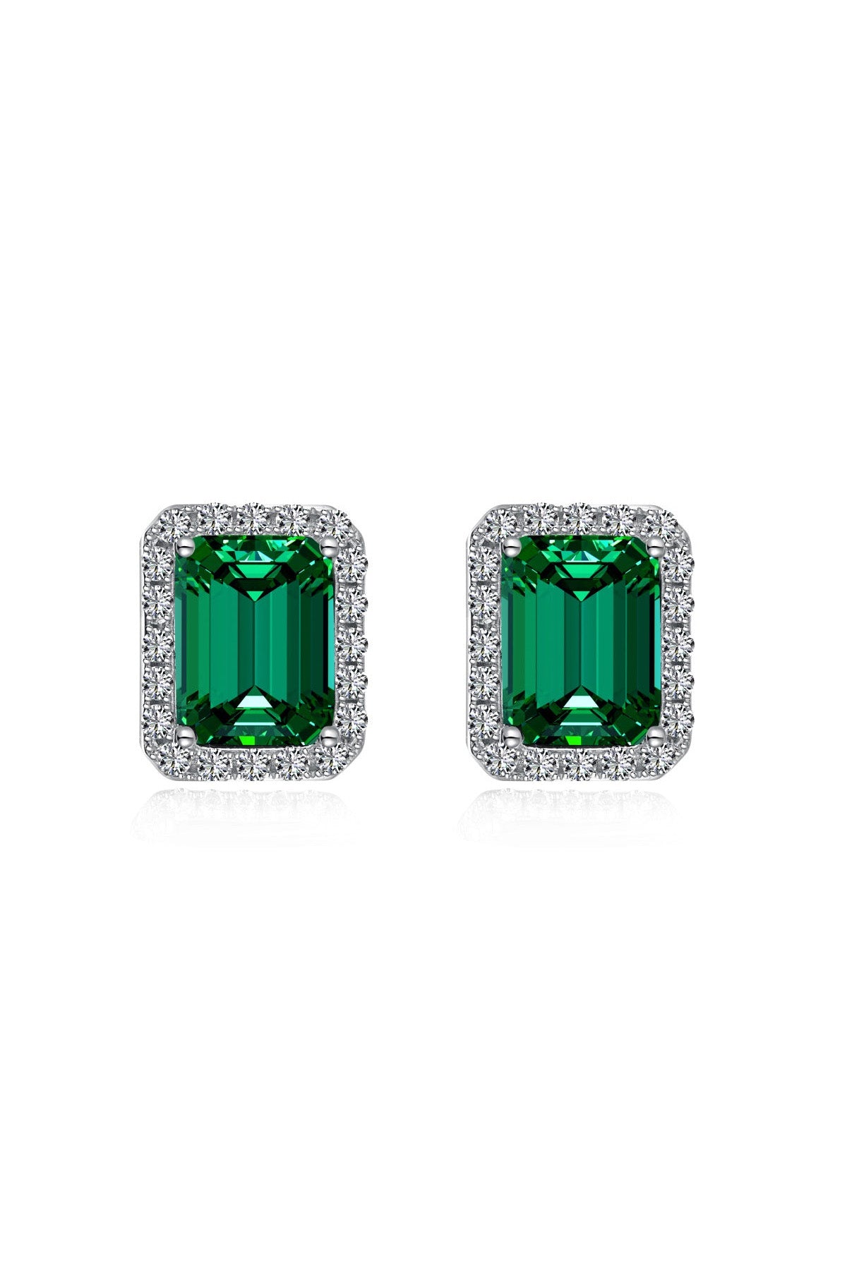 Lucky 13 Emerald stud earrings, emerald cut zirconia, 925 sterling silver, rhodium plated with green cubic zirconia.