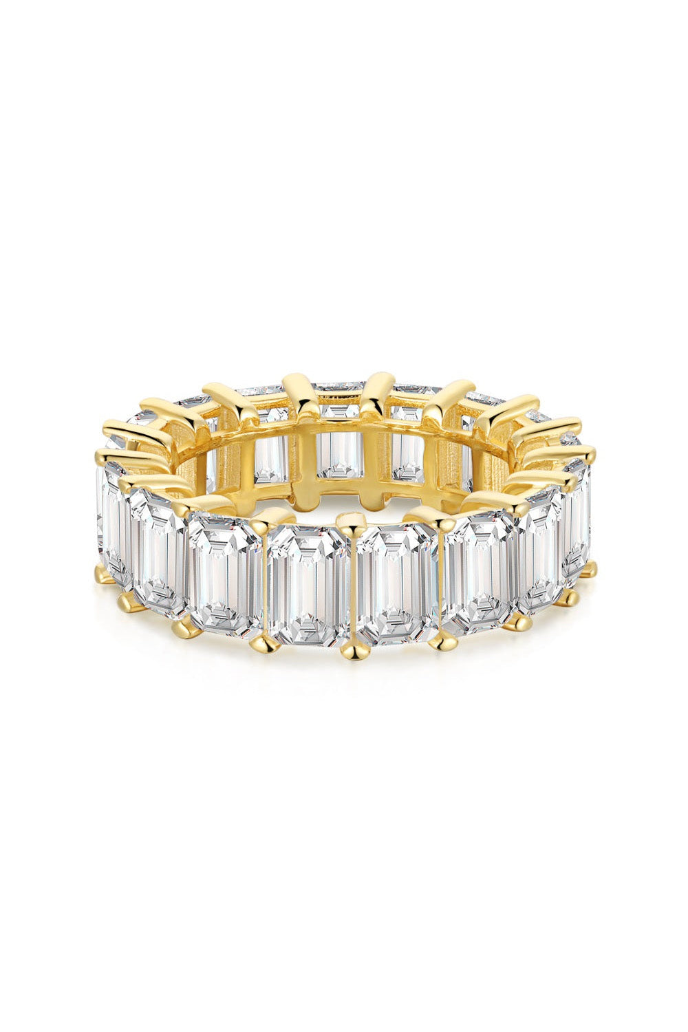 Elegant and timeless gold eternity ring band handcrafted in 925 sterling silver set with shining emerald rectangular cut cubic zirconia stones