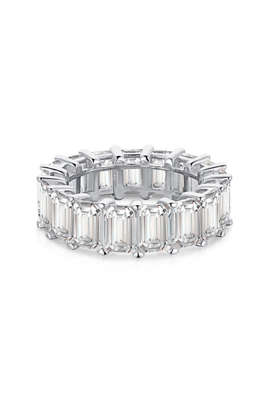 Elegant and timeless eternity ring band handcrafted in 925 sterling silver set with shining emerald rectangular cut cubic zirconia stones