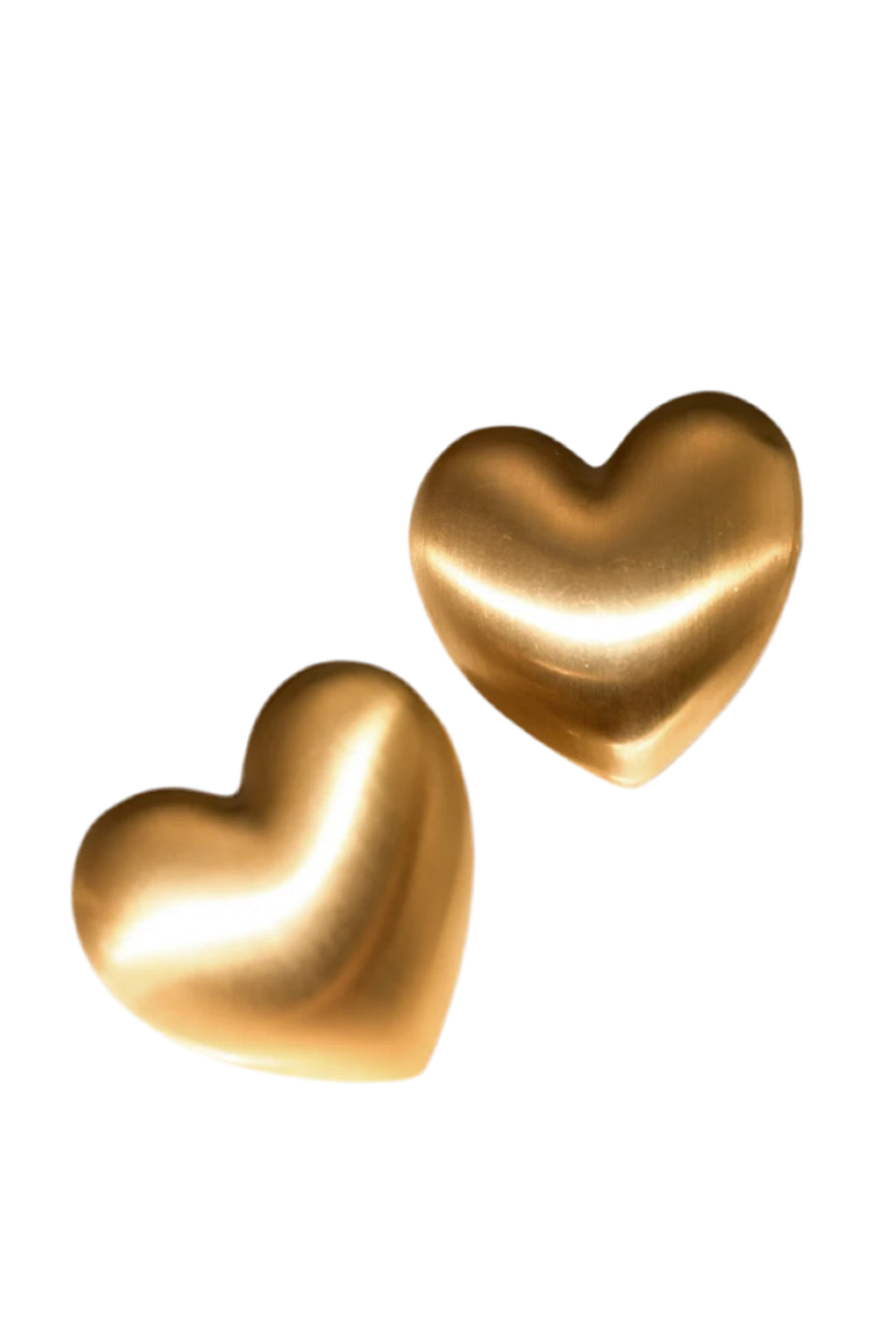 Big gold heart shaped earrings handcrafted in stainless steel with brushed finish, by Lucky 13 jewelry.