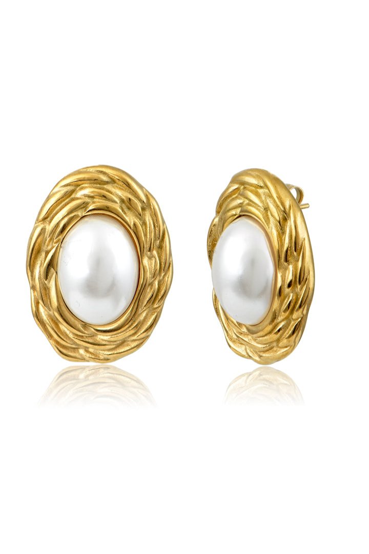 Gold vintage pearl earrings handcrafted in stainless steel by Lucky 13 jewelry