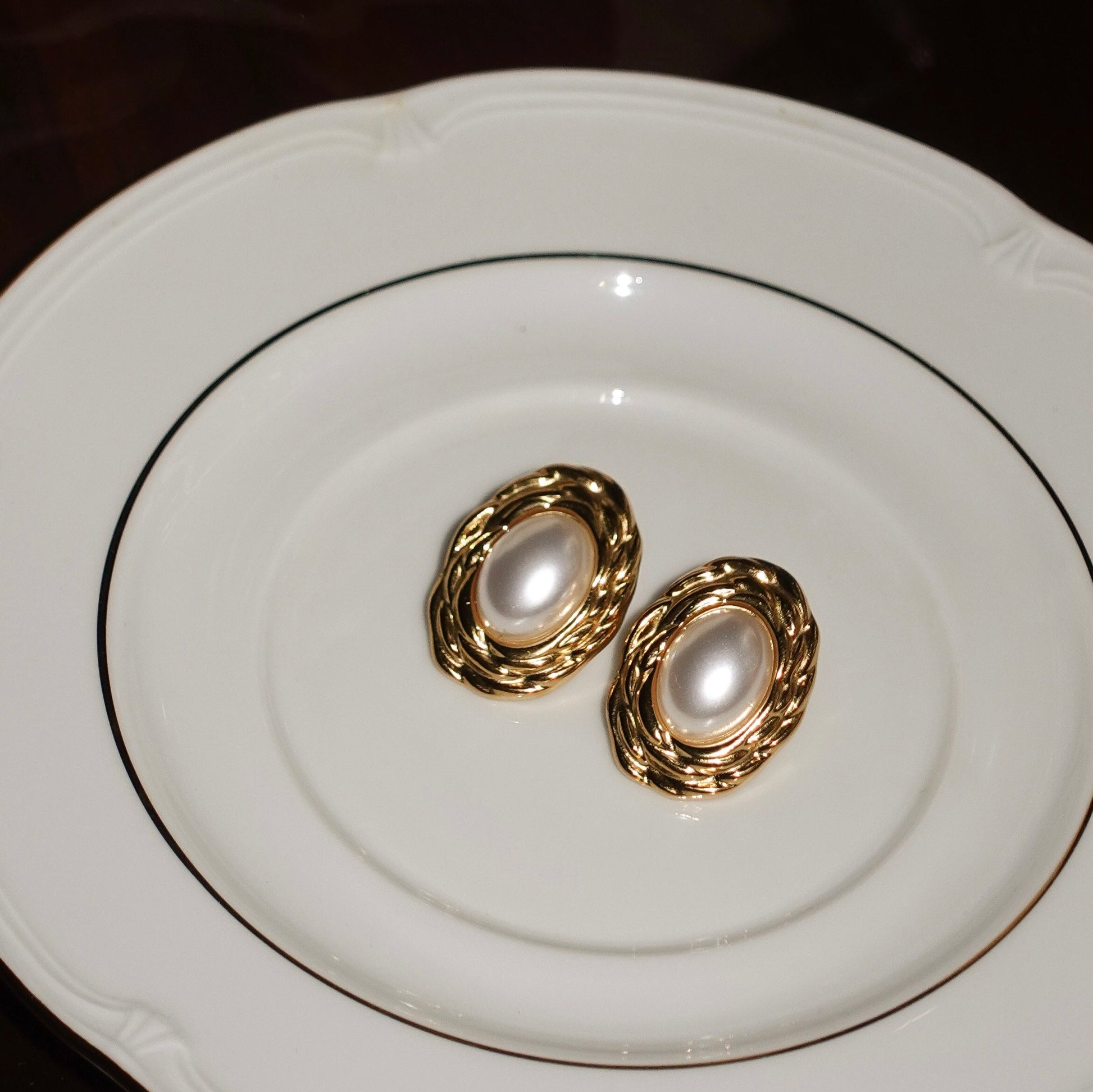 Gold plated vintage pearl earrings handcrafted in stainless steel by Lucky 13 jewelry